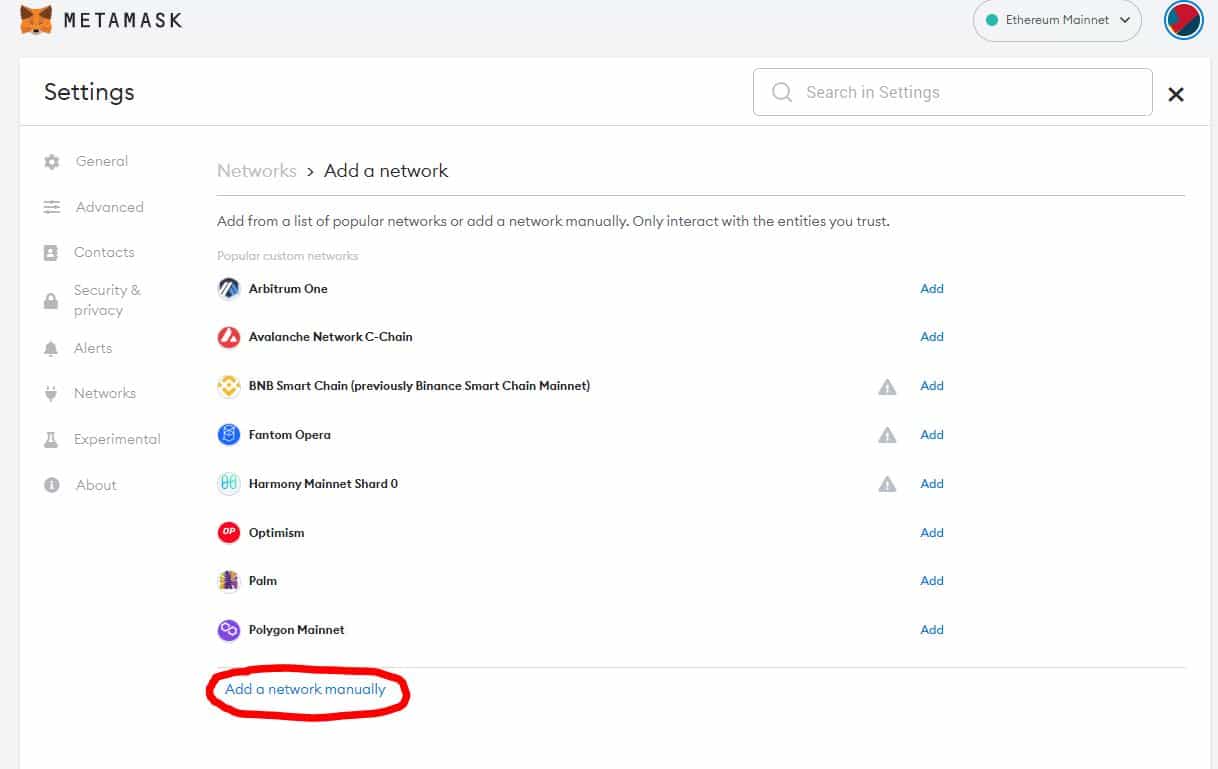 ajouter le reseau metamask manuellement