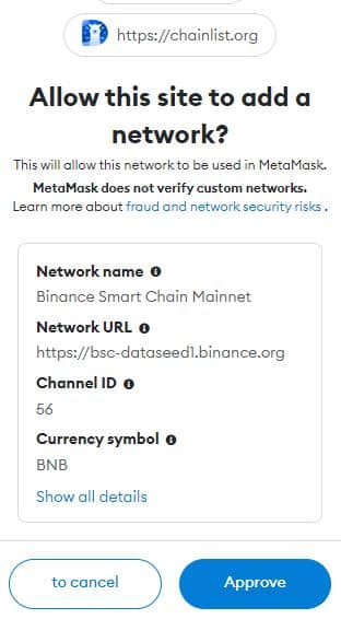 approuver binance smart chain metamask