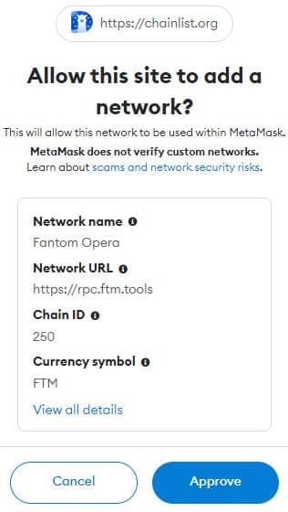approuver le réseau fantom à metamask