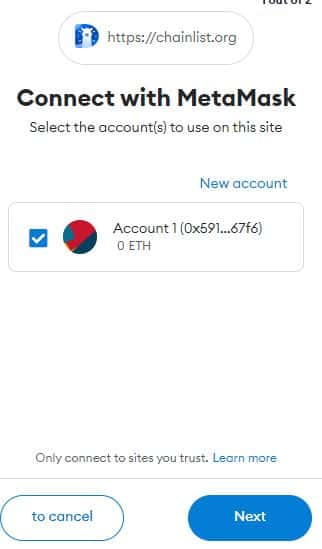 connexion metamask à chainlist