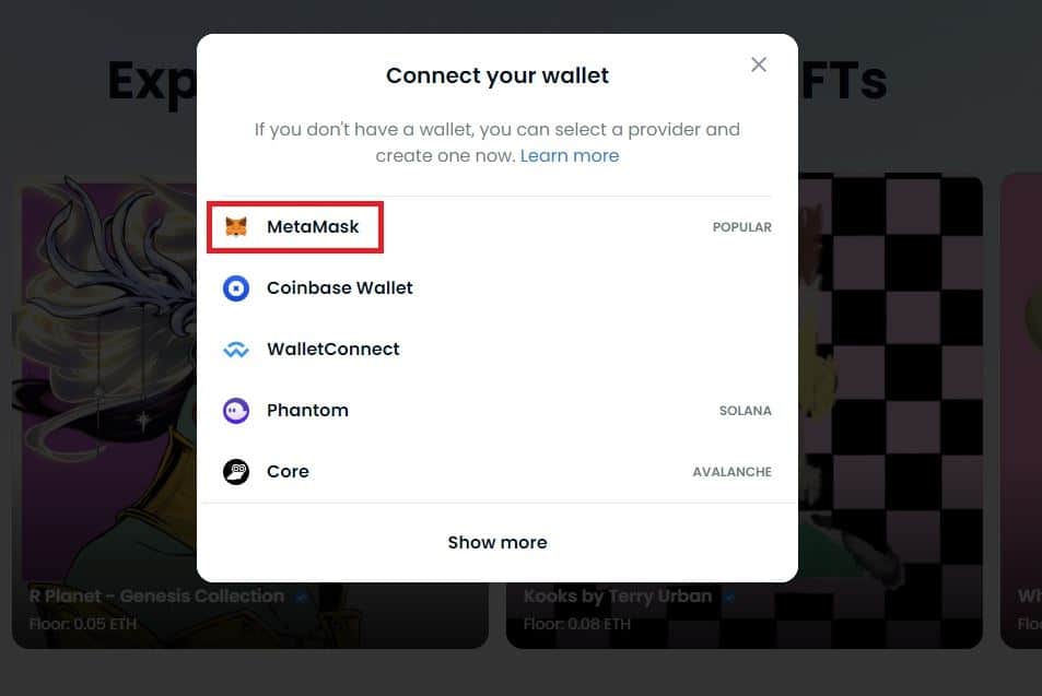 Connexion metamask à opensea