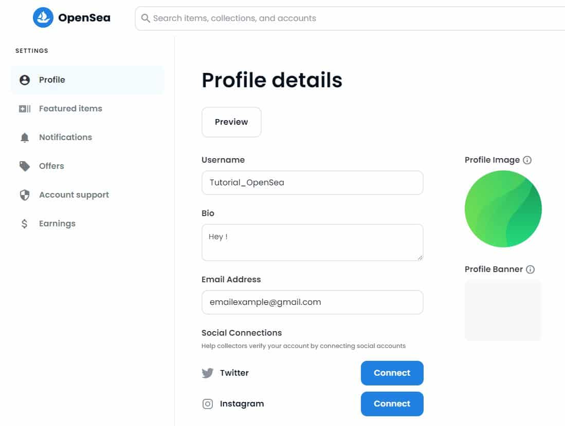 Parametrer le profil opensea